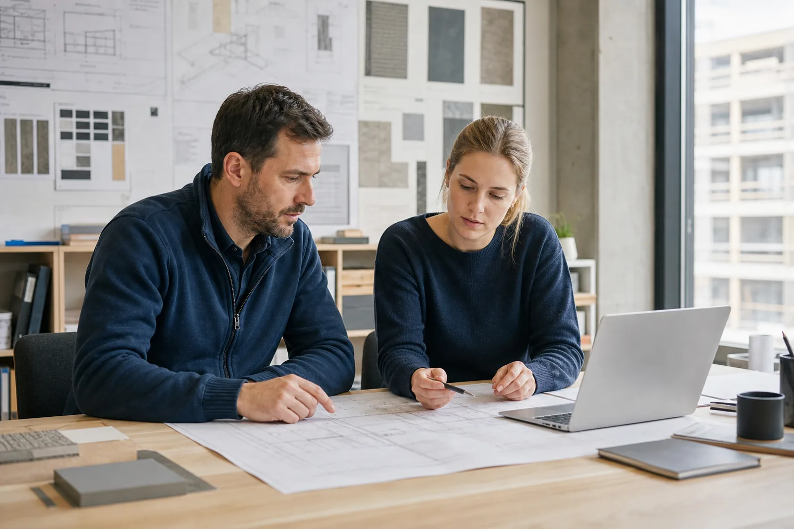 Bauprojektteam koordiniert Pläne und nächste Schritte im Büro