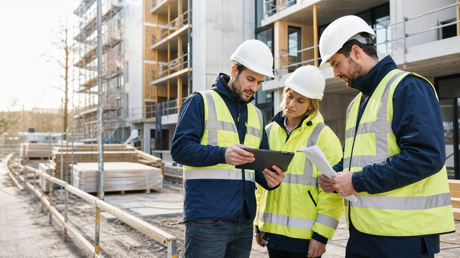 Bauteam stimmt Projektarbeit und Zeiterfassung auf der Baustelle ab